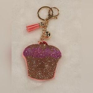 Glittery Rhinestone Cupcake Keychain with Tassel Bag Charm